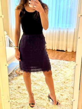 NEW! Sleeveless Black Bodice with navy Scalloped Midi Dress